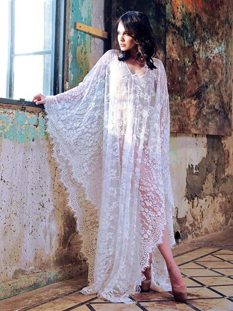 Ethereal Breeze Boho Chic Embroidered Maxi Dress Kaftan [Spirit and Rebel] N673-White-746 One Size 