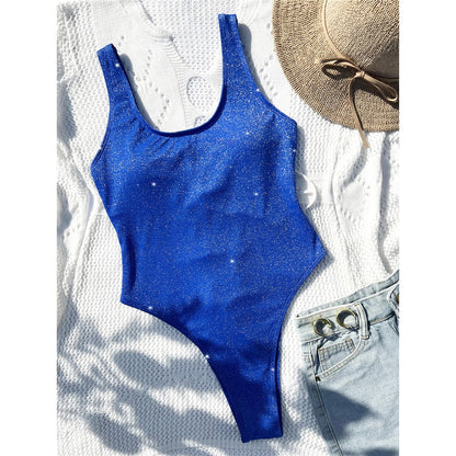 Blue Sexy Glitter Sparkling Lace Up One Piece Swimsuit Sunset and Swim Blue S