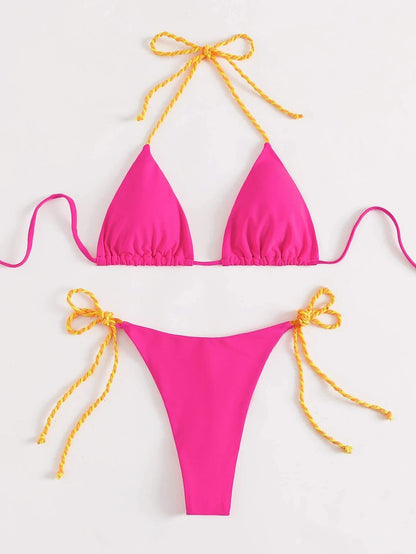 Neon Pink Halter Thong String Tie Side Triangle Bikini [Spirit and Rebel]