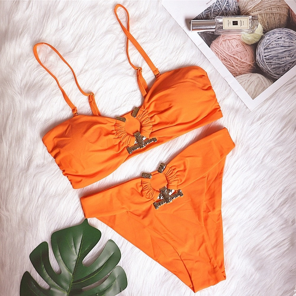 Underboob Shiny Rhinestone Scrunch Butt Bikini [Spirit and Rebel] Orange S