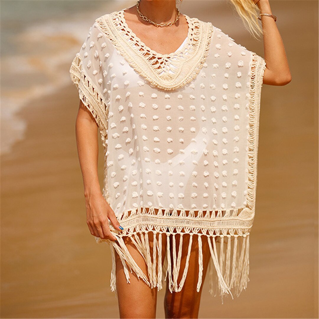 Sunset and Swim Fringe Tassel Crochet Beach Cover Up Sunset and Swim Beige One Size