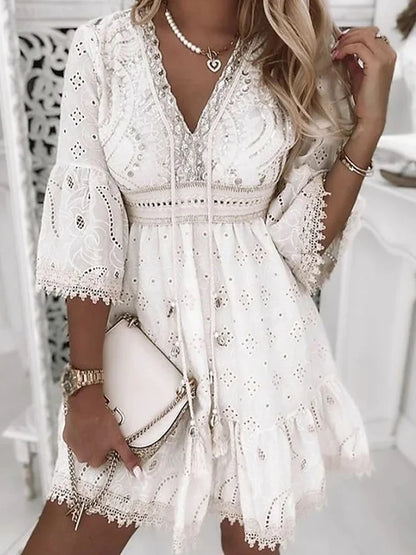 Sun-Kissed Lace Dream Boho Mini Dress [Spirit and Rebel] White S 