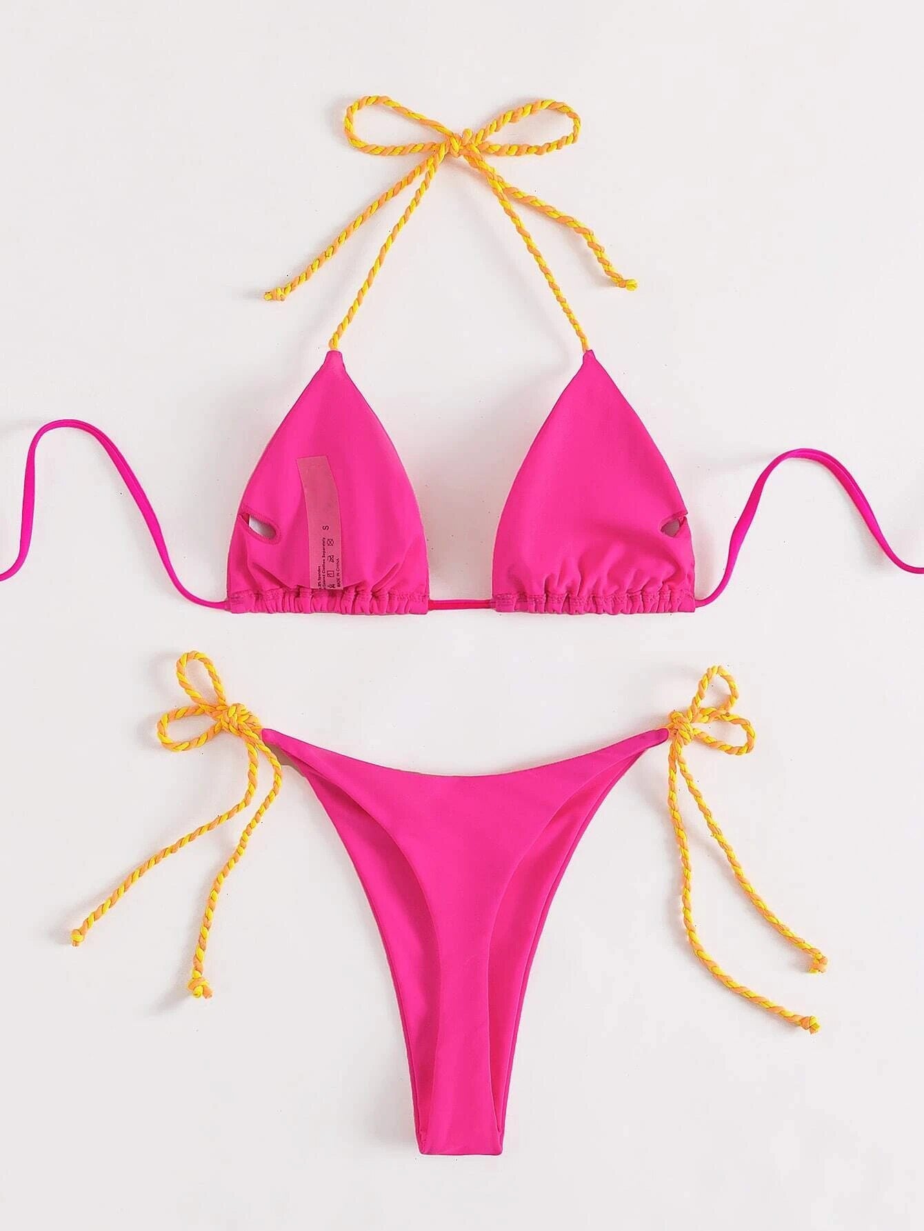 Neon Pink Halter Thong String Tie Side Triangle Bikini [Spirit and Rebel]