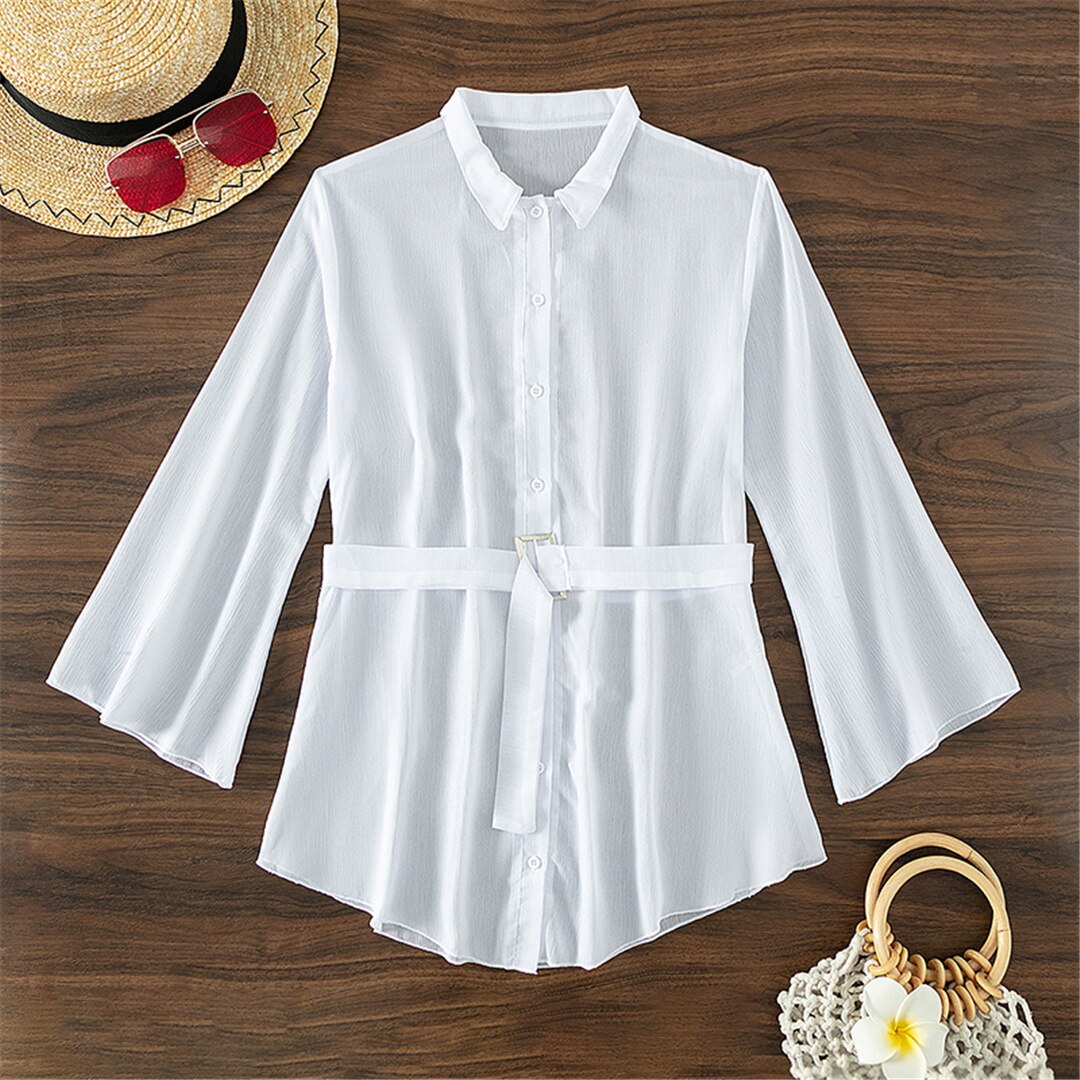 White Long Sleeve Shirt With Belt Bikini Cover Up [Spirit and Rebel]