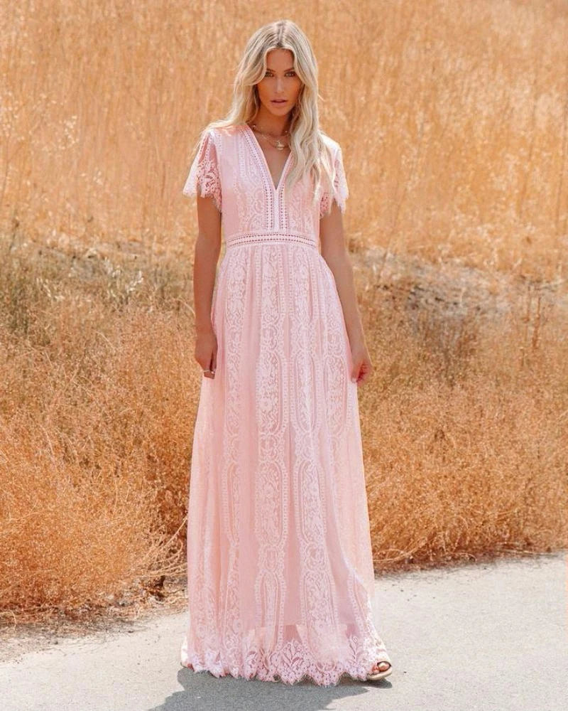 Enchanted Pink Lace Boho Dress [Spirit and Rebel] Pink S 