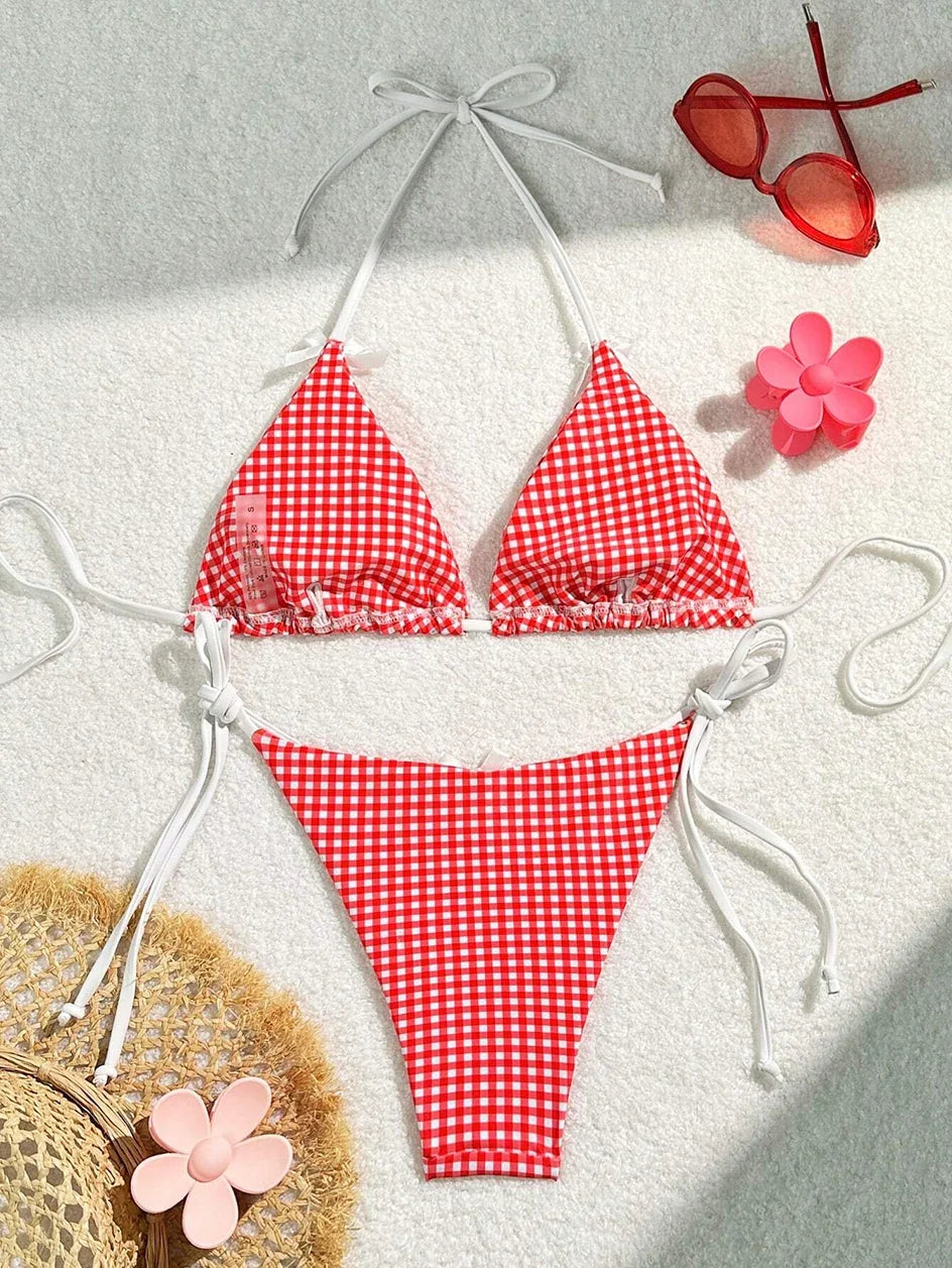 Sunset Charm Plaid Bikini With Bows Sunset and Swim