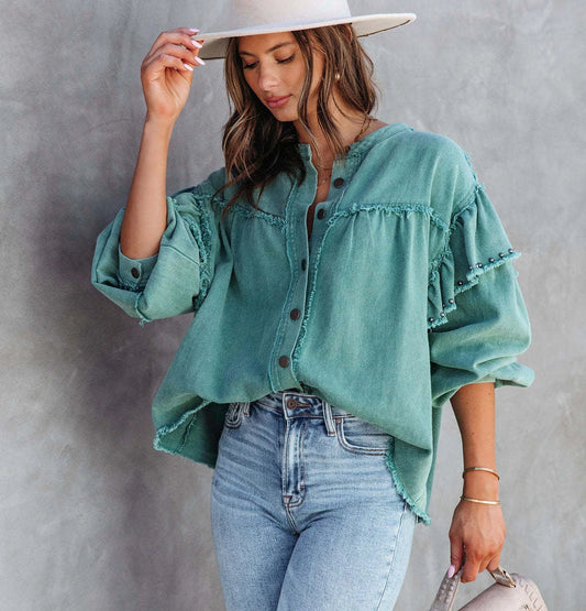 Desert Breeze Lantern Sleeve Shirt – Boho Casual Chic [Spirit and Rebel] Green M 