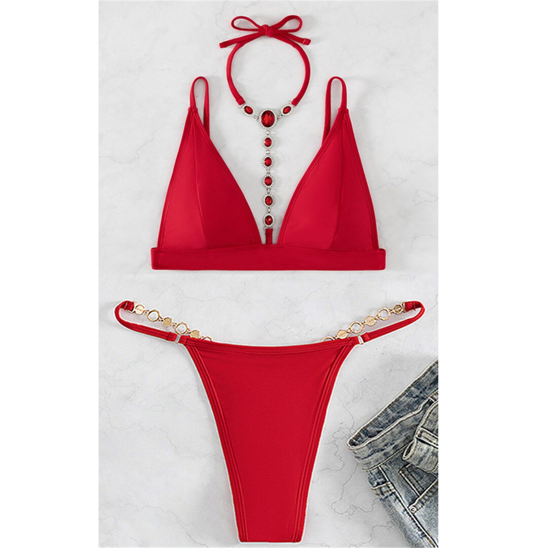 Red Diamond Deluxe Extreme Mini Micro Thong Bikini Sunset and Swim Red S