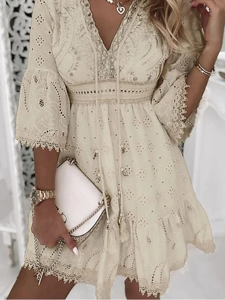 Sun-Kissed Lace Dream Boho Mini Dress [Spirit and Rebel] Beige S 