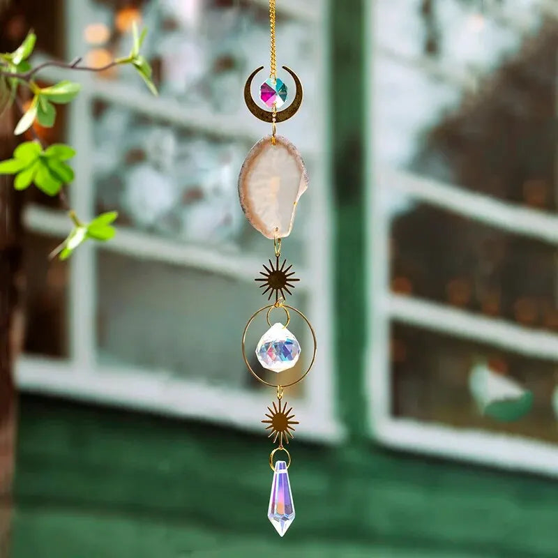 Boho Chic Crystal Sun Catcher – Moon and Geode Window Hanging Decoration [Spirit and Rebel] White  