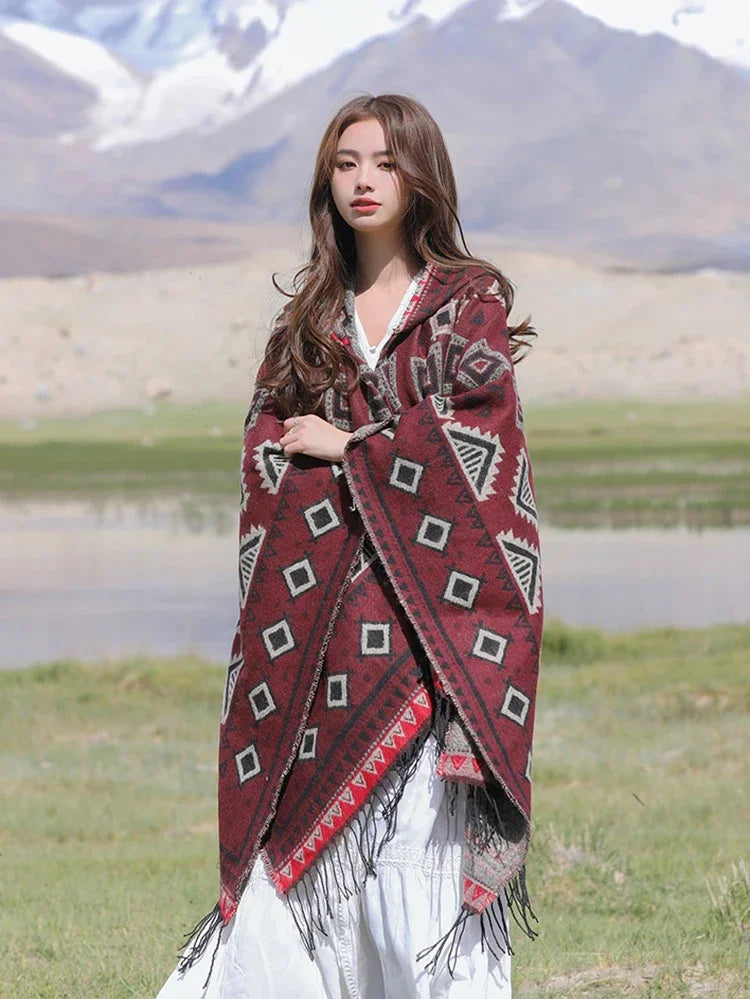 Wild Soul Gypsy Hooded Boho Poncho Cape [Spirit and Rebel] Burgundy One Size 