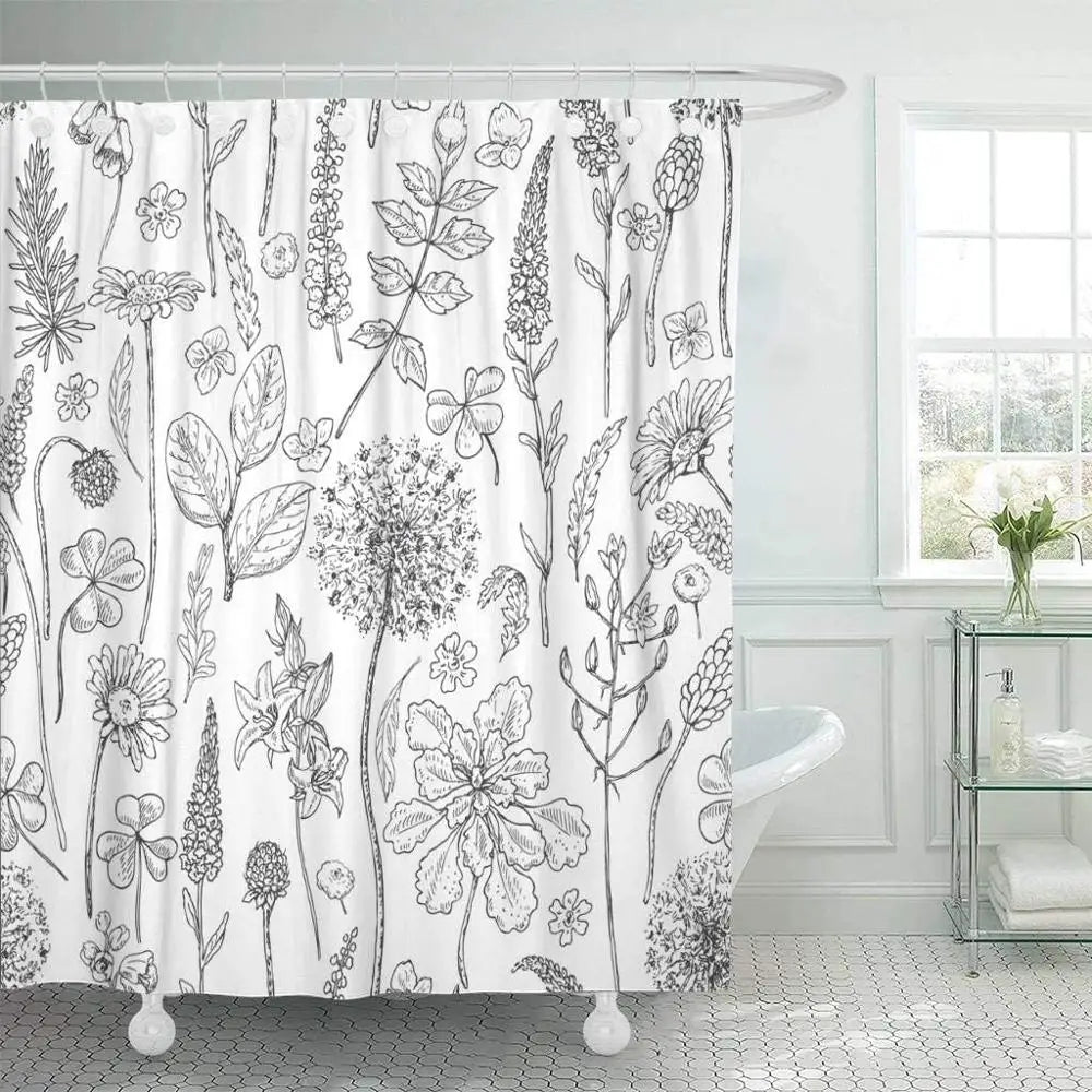 Floral Harmony Boho Shower Curtain [Spirit and Rebel] White/Grey W90xH180cm 