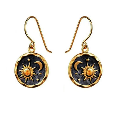 Vintage Boho Sun Moon Pendant Earrings Necklace Set [Spirit and Rebel] Golden Earrings  