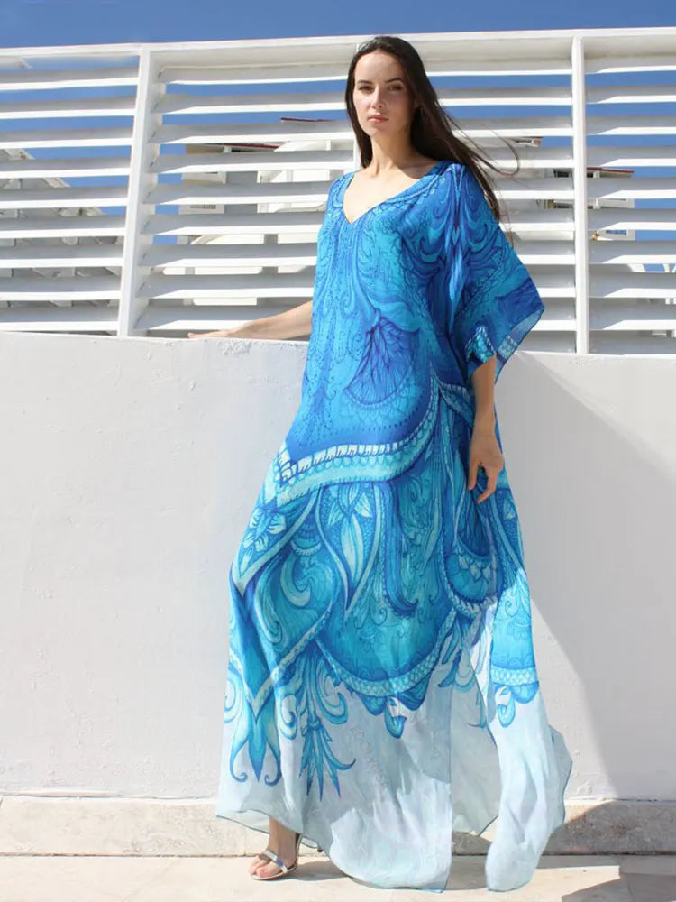 Ethereal Breeze Boho Chic Embroidered Maxi Dress Kaftan [Spirit and Rebel] N669-746 One Size 