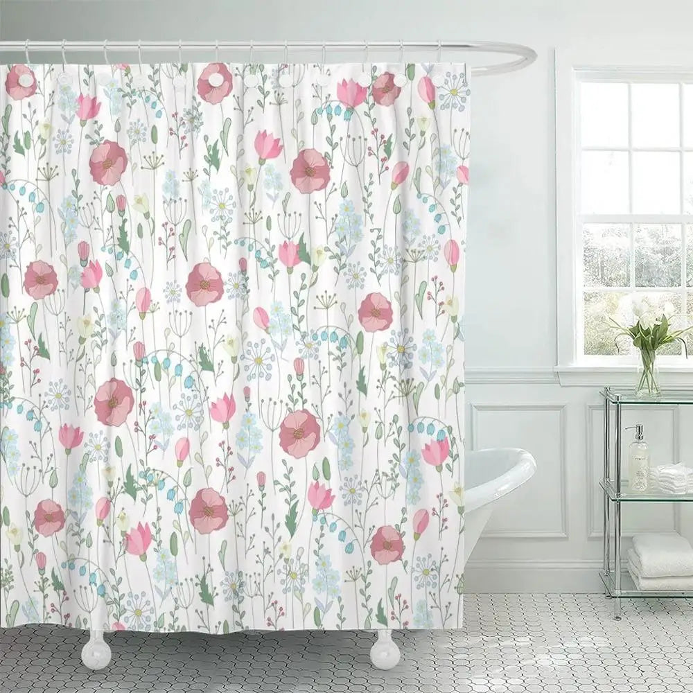 Floral Harmony Boho Shower Curtain [Spirit and Rebel] Pink/White W90xH180cm 