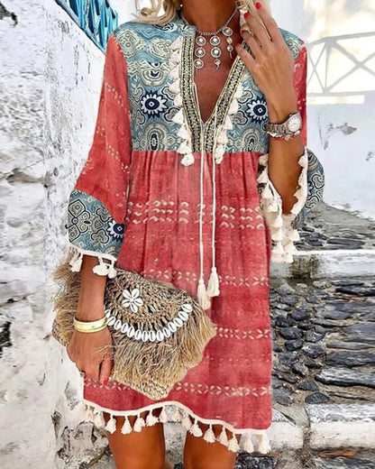 Desert Dream Bell Sleeve Boho Dress [Spirit and Rebel] Red S 