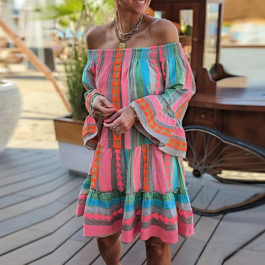 Sunshine Serenade Off Shoulder Flare Sleeve Boho Dress [Spirit and Rebel]   