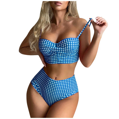 Confident Coastline Plaid High Waist Bikini Sunset and Swim Sky Blue S