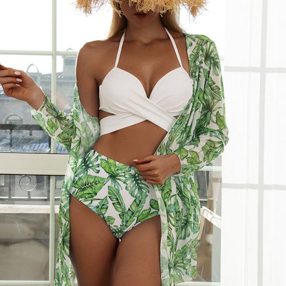 Modest 3 PCS White Floral Swimsuit Push up High Waist Swimwear Cover Up Set Sunset and Swim