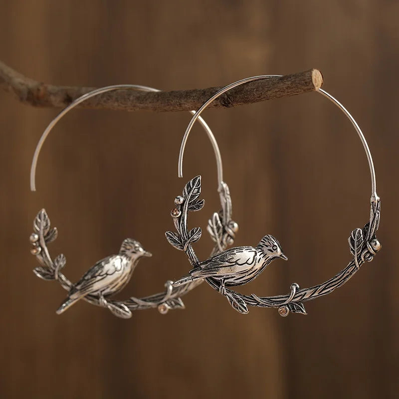 Mystic Raven Vintage Crow Hoop Boho Earrings [Spirit and Rebel] Silver  