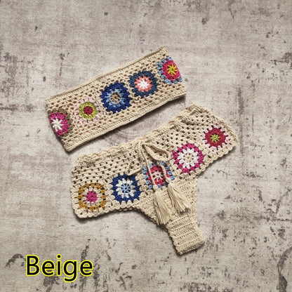 Boho Chic Crochet Delight Bandeau Tube Top Bikini Set [Spirit and Rebel] Beige Set S