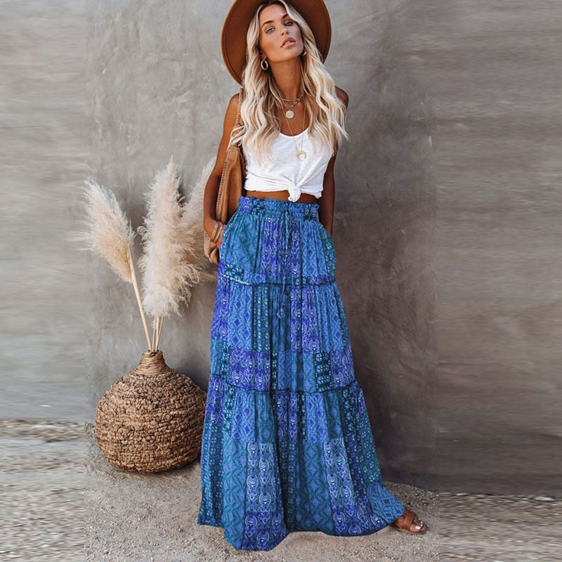 Wildflower Wanderer Boho Maxi Skirt [Spirit and Rebel] Deep Blue S 