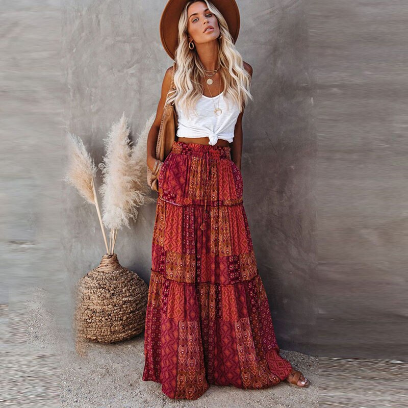 Wildflower Wanderer Boho Maxi Skirt [Spirit and Rebel] Rose Red S 