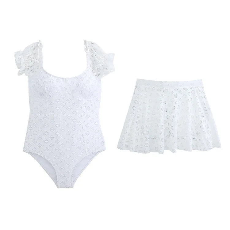 Divine White Short Sleeve Lace Swimsuit Set