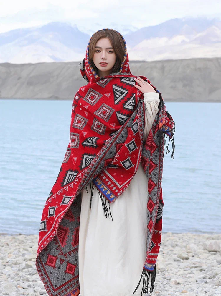 Wild Soul Gypsy Hooded Boho Poncho Cape [Spirit and Rebel] Red One Size 