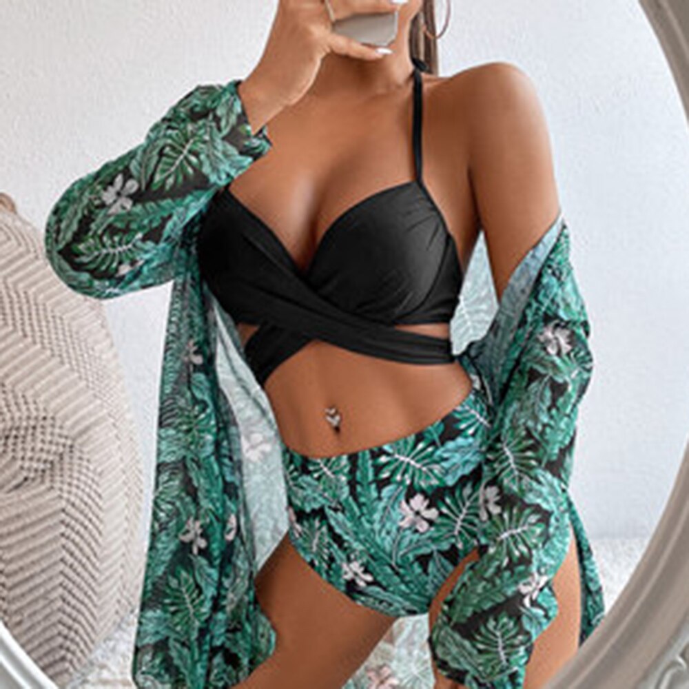 Modest 3 PCS White Floral Swimsuit Push up High Waist Swimwear Cover Up Set Sunset and Swim