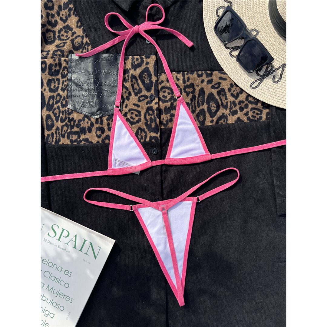 Sexy Glitter Extreme Pink Mini Micro Thong Bikini Sunset and Swim