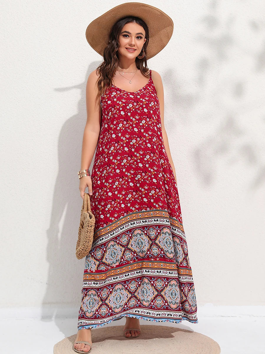 Spirit and Rebel Floral Boho Plus Size Maxi Dress [Spirit and Rebel] Red L 