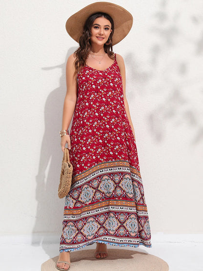 Spirit and Rebel Floral Boho Plus Size Maxi Dress [Spirit and Rebel] Red L 