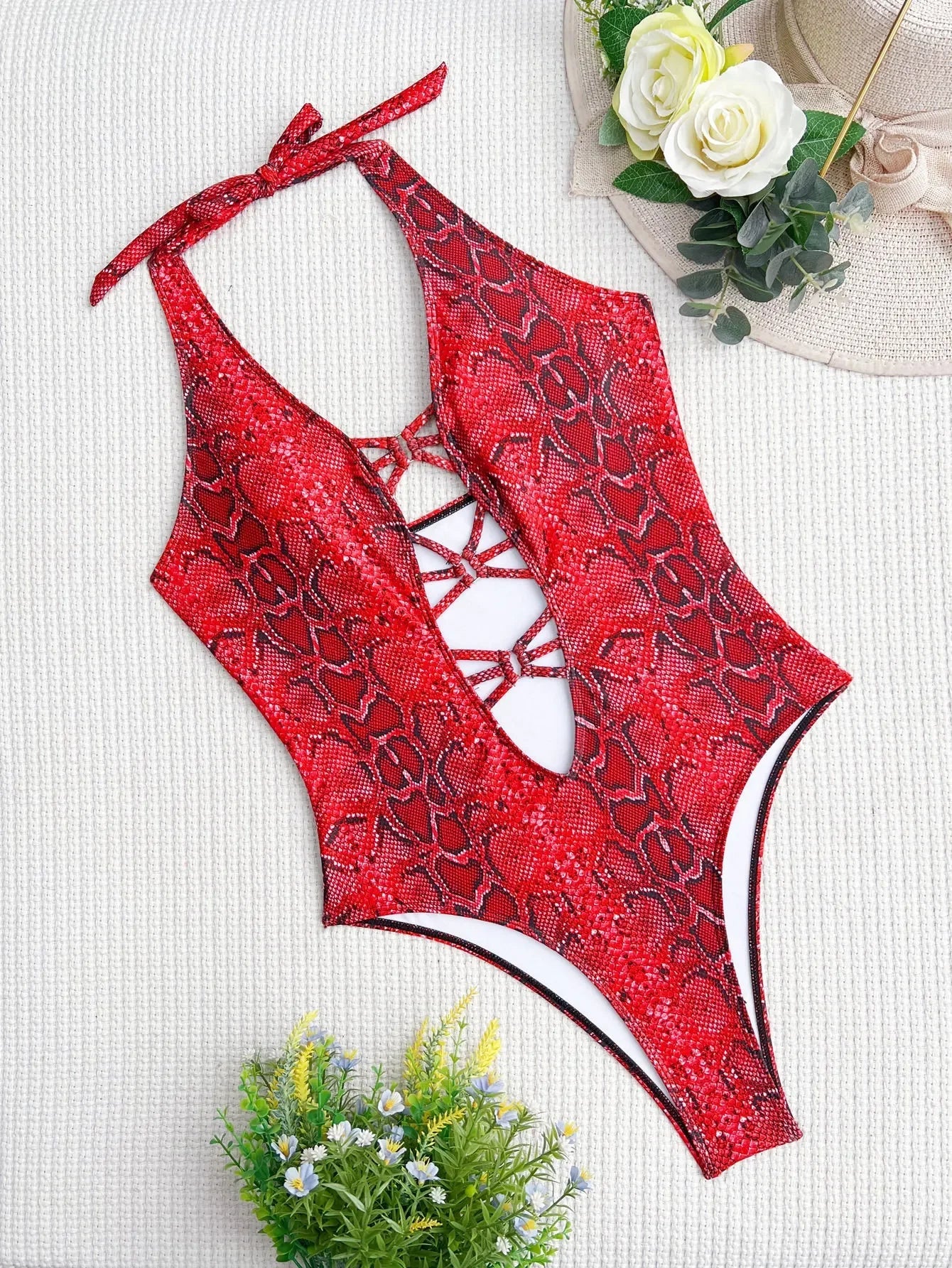 Snake Print Deep Plunge Cut Out Swimsuit