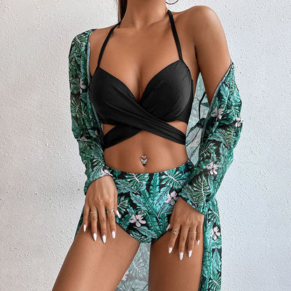 Modest 3 PCS White Floral Swimsuit Push up High Waist Swimwear Cover Up Set [Spirit and Rebel]