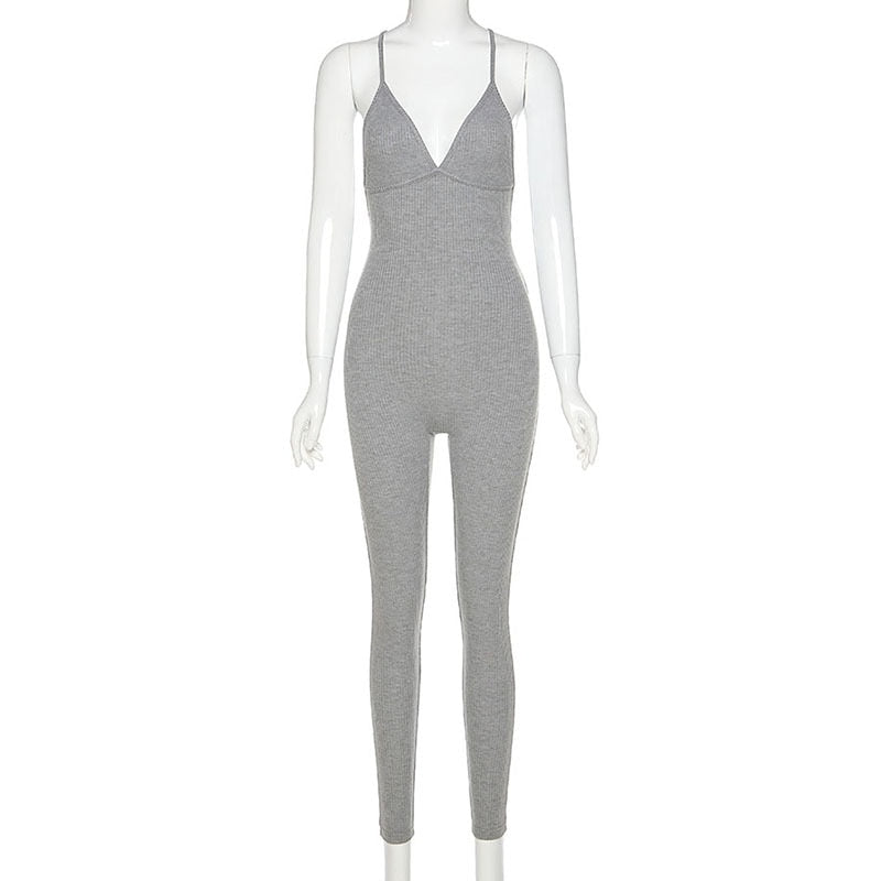 Heather V-neck Skinny Sexy Jumpsuit [Spirit and Rebel] Gray S