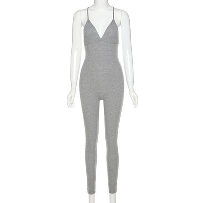 Heather V-neck Skinny Sexy Jumpsuit [Spirit and Rebel] Gray S