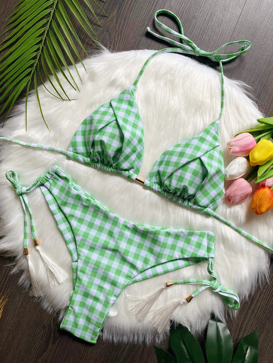 Seaside Picnic Gingham Triangle Bikini Sunset and Swim Green S