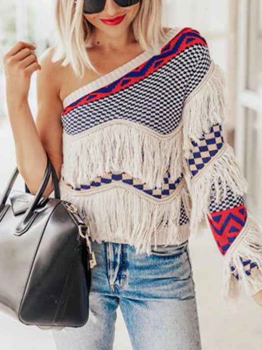 Hamptons Rustic Knitted One Shoulder Fringe Sweater [Spirit and Rebel]   