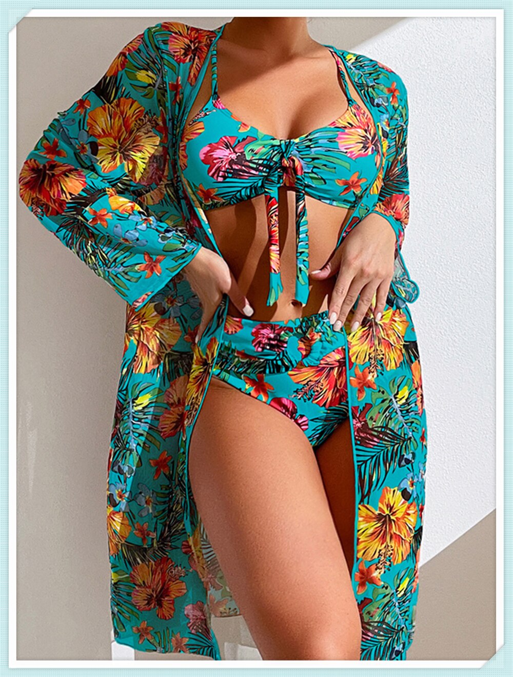 Floral Print Modest Knot Front Bikini including Cover Up Shirt [Spirit and Rebel]