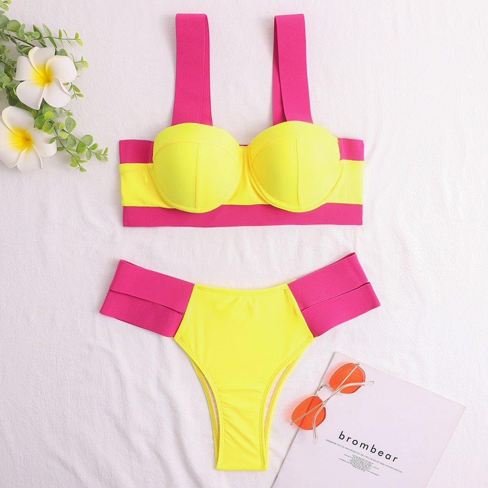 Waves Queen Bandage Brazilian Push Up Bikini Sunset and Swim Yellow/Pink S