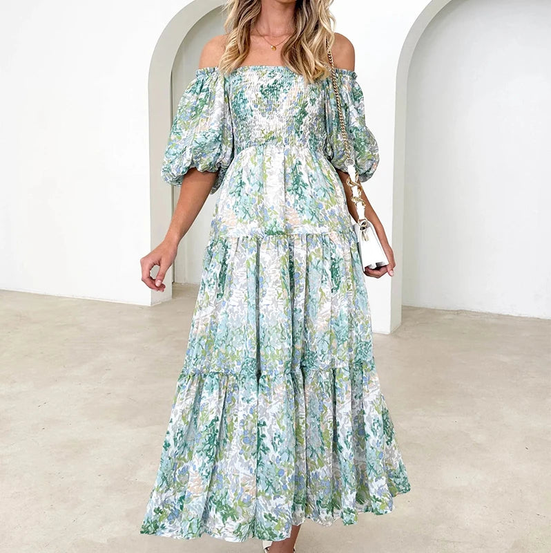 Enchanted Bloom Off-Shoulder Boho Maxi Dress [Spirit and Rebel] Green S 