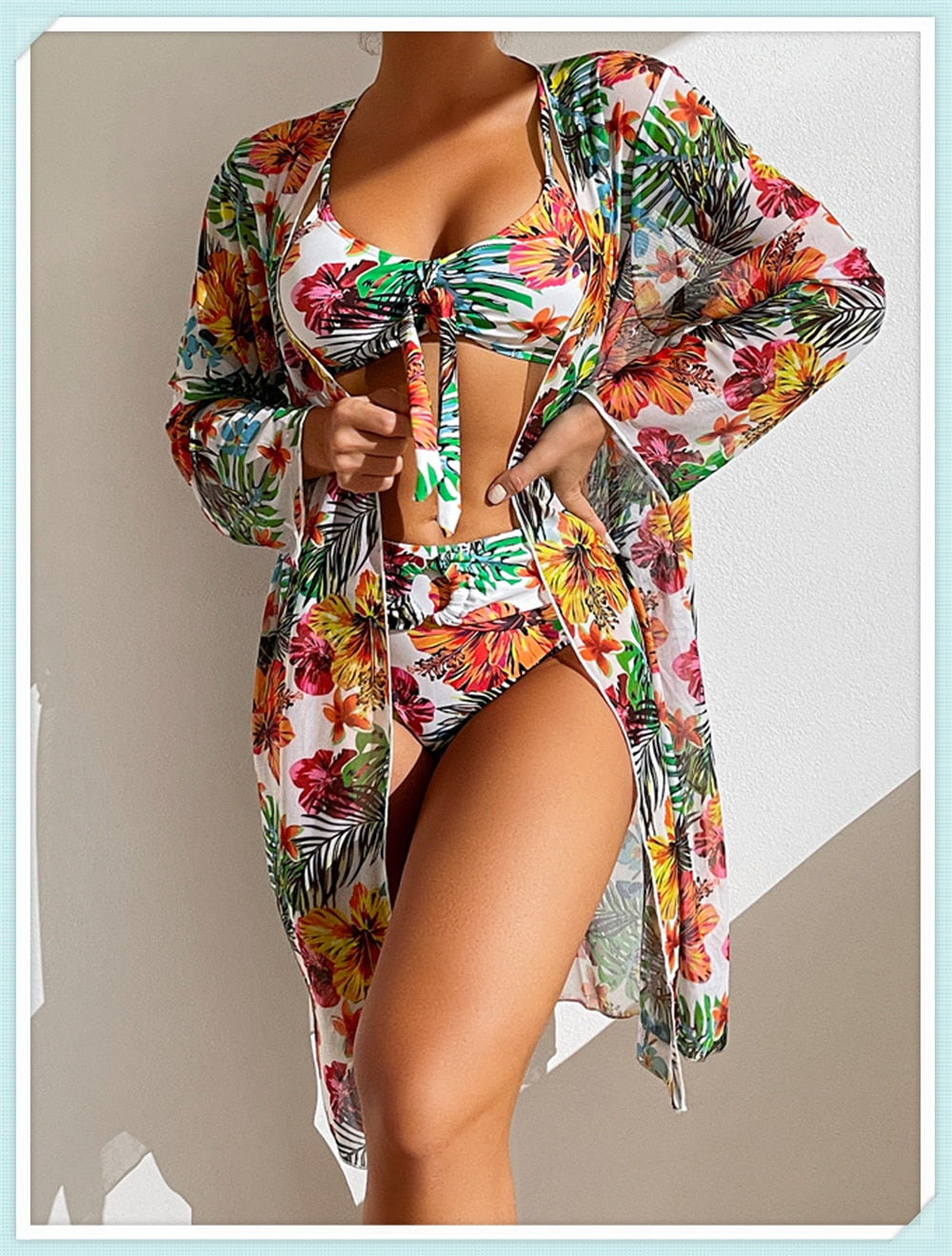 Floral Print Modest Knot Front Bikini including Cover Up Shirt [Spirit and Rebel]