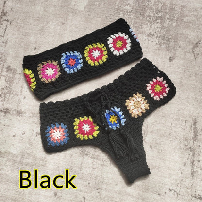 Boho Chic Crochet Delight Bandeau Tube Top Bikini Set [Spirit and Rebel] Black Set S