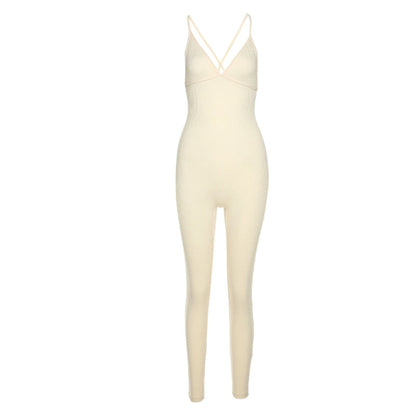 Heather V-neck Skinny Sexy Jumpsuit [Spirit and Rebel] Beige S