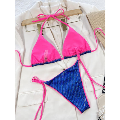 Sexy Shiny Sequins Blue Pink Bikini Sunset and Swim