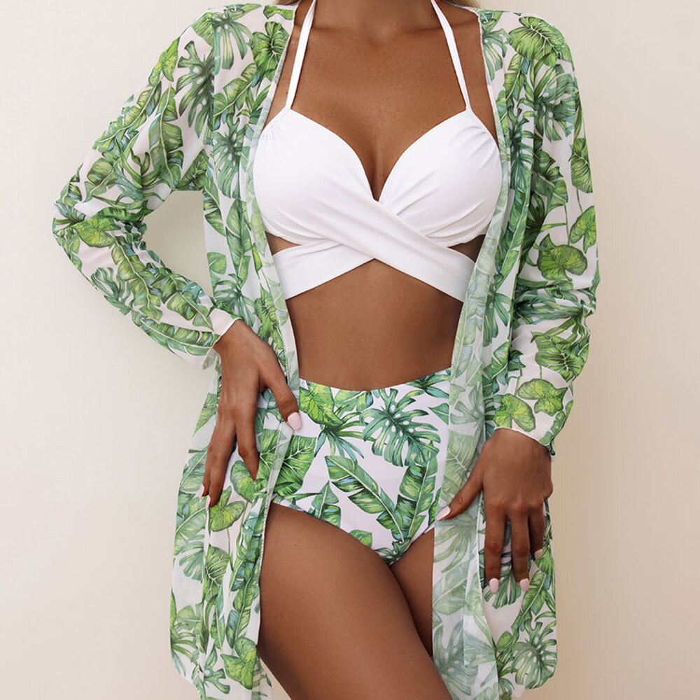 Modest 3 PCS White Floral Swimsuit Push up High Waist Swimwear Cover Up Set [Spirit and Rebel]