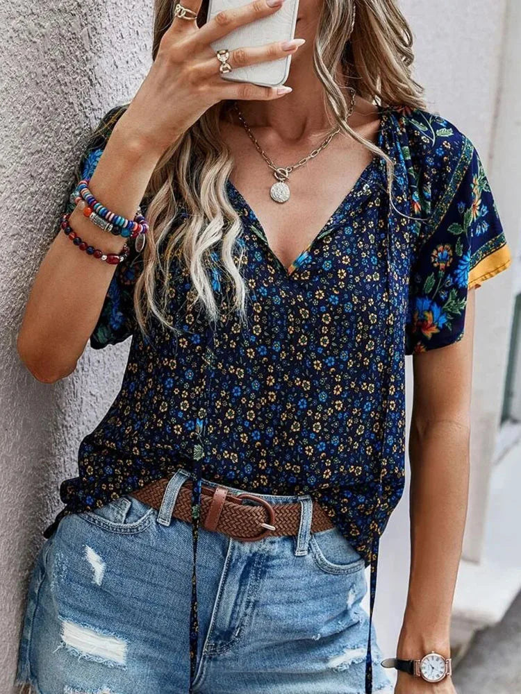 Spirit and Rebel Flowy Floral Boho Blouse [Spirit and Rebel] Blue S 