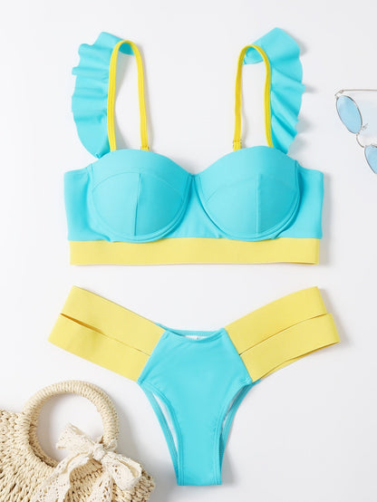 Waves Queen Bandage Brazilian Push Up Bikini Sunset and Swim Turquoise/Yellow S