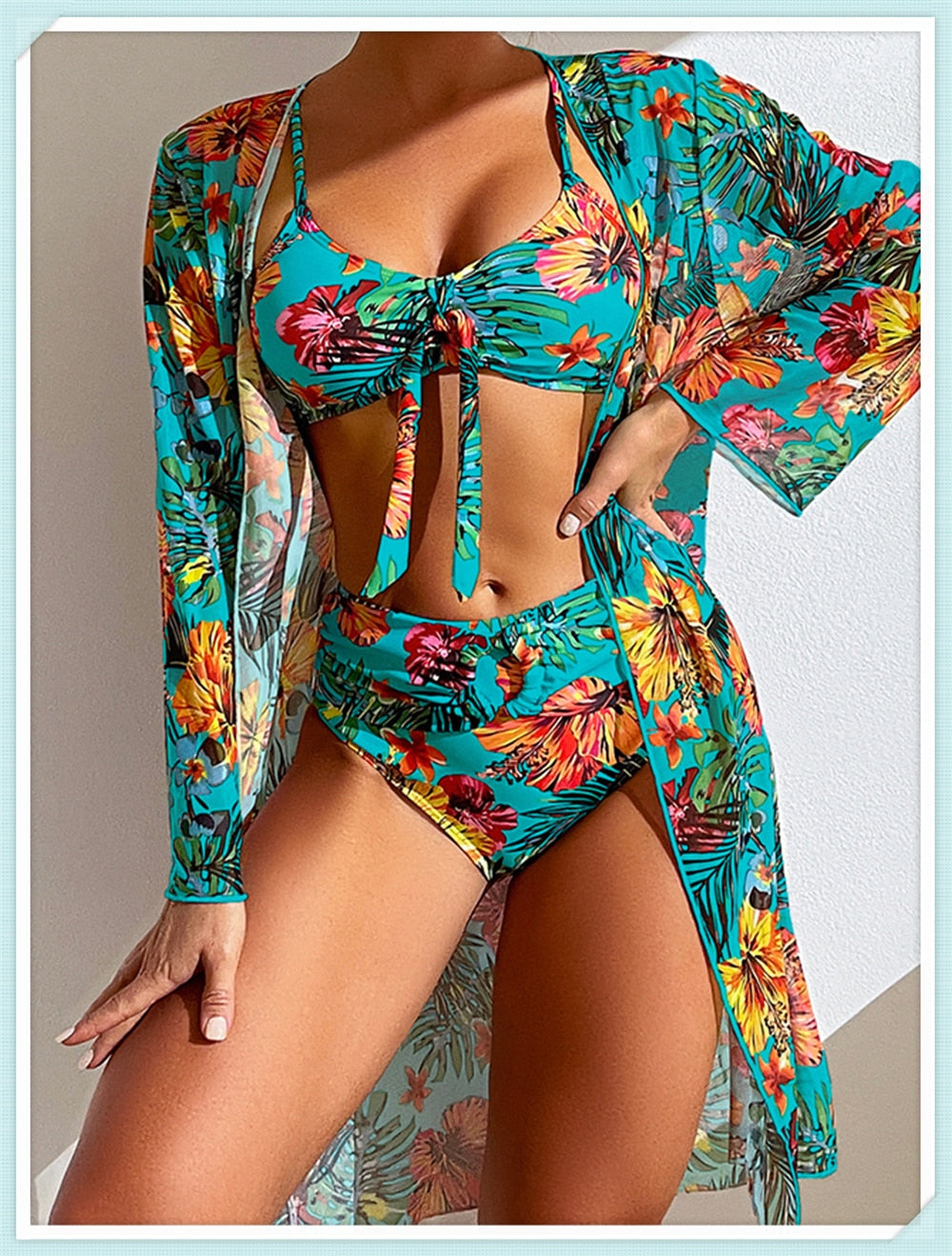 Floral Print Modest Knot Front Bikini including Cover Up Shirt [Spirit and Rebel]